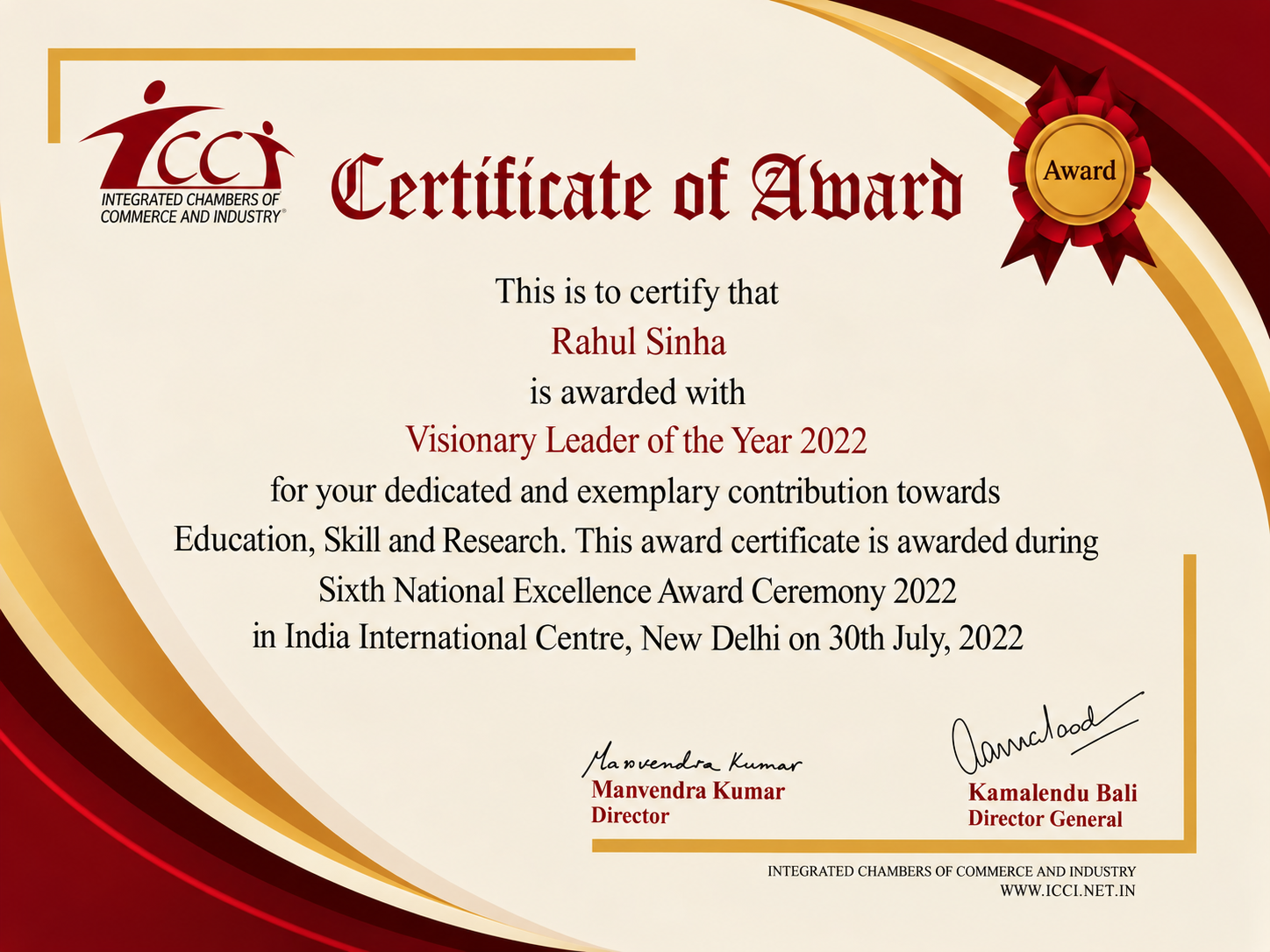 Visionary Leader of the Year Certificate